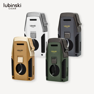 Lubinski YJA-10067 Genuine Cigar Torch Lighter – 2 Flames, Integrated Cigar Cutter & Punch, Compact, Luxurious