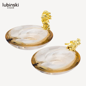 Lubinski YJA-20037 Crystal Cigar Ashtray – Premium Solid Brass, Lion & Dragon Head Luxury Design